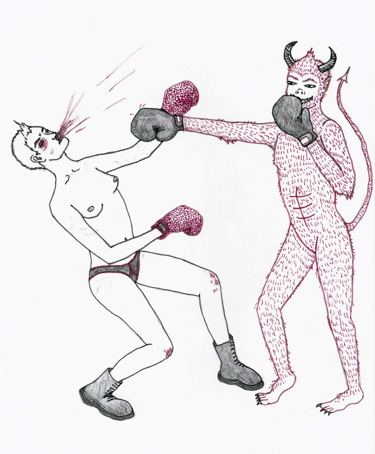 Girl (Lile) wearing boxing gloves, getting punched straight in the face by a large demon. There is blood spraying from her nose.