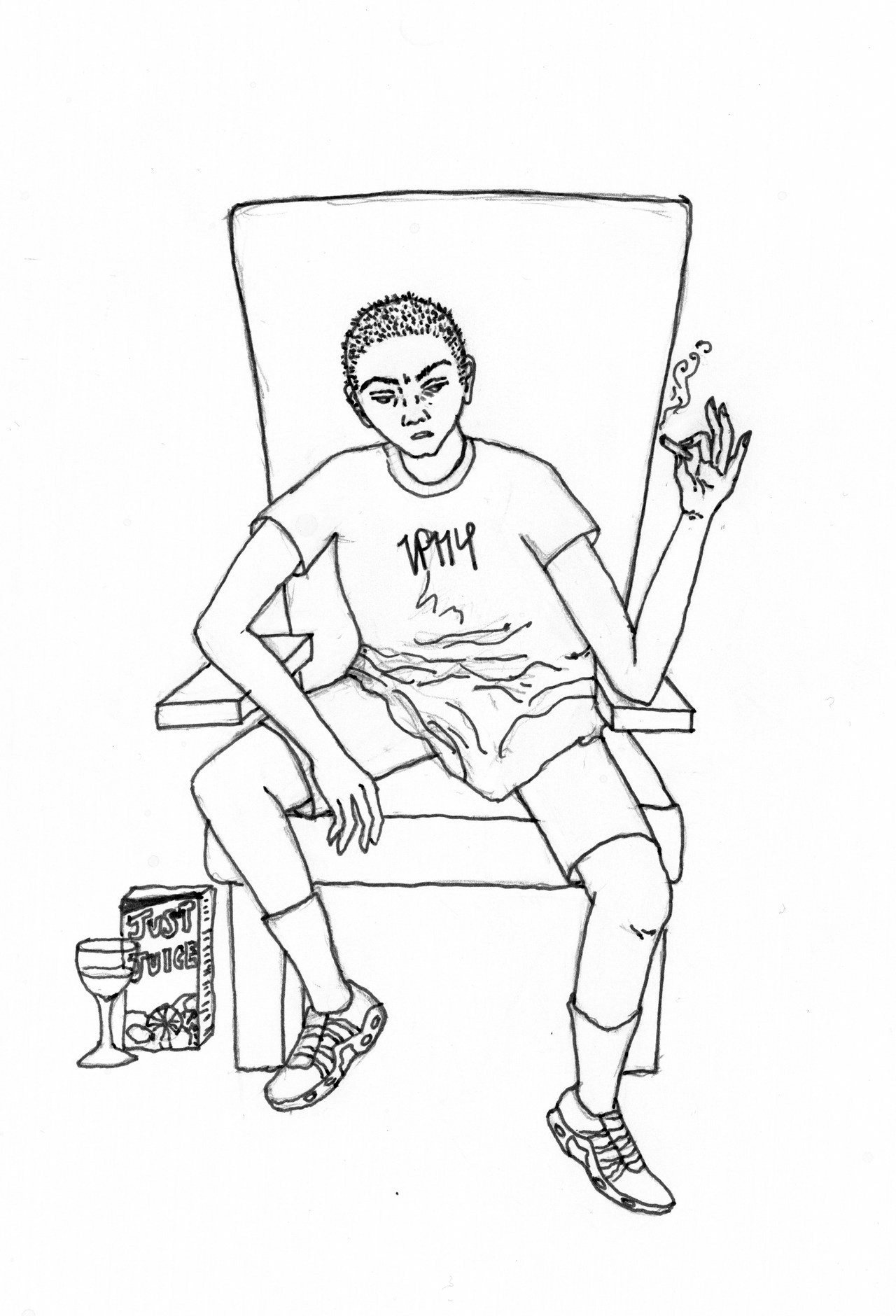 Slak Boy sitting on armchair with cigarette, there is a just juice carton and wine glass next to him on the floor.