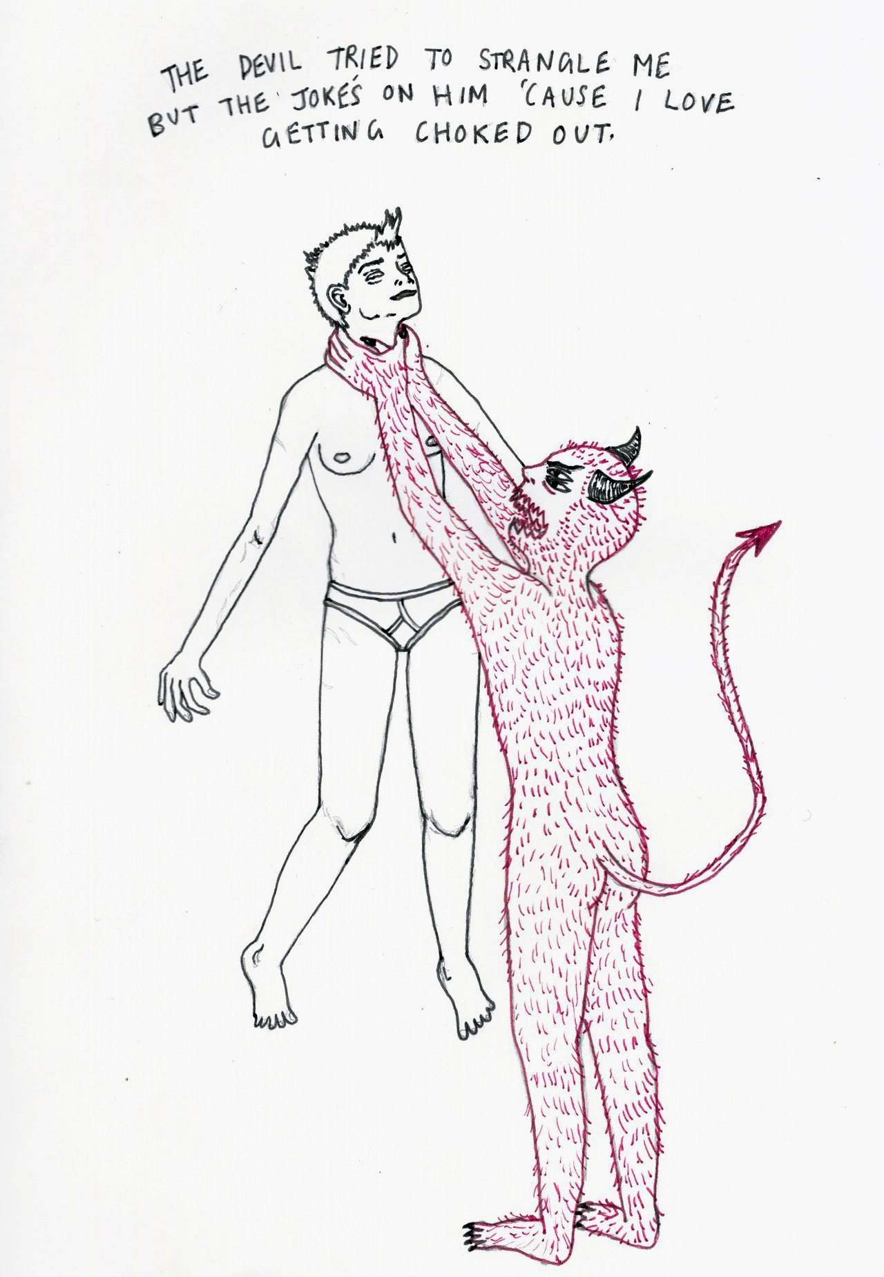 Top text reads "The devil tried to strangle me but the joke's on him 'cause I love getting choked out". Below the text, Lile is seen smirking and rolling her eyes back in her head with pleasure as a red furry demon with four eyes lifts her off her feet in a chokehold.