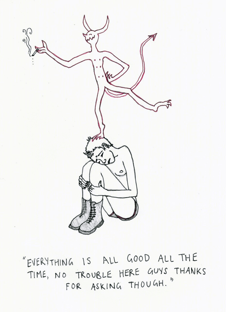 Deevle dances happily and smokes a cigarette on Lile's head as she sits with her knees hugged against her chest, her expression miserable. The text beneath reads "Everything is all good all the time, no trouble here guys thanks for asking though."