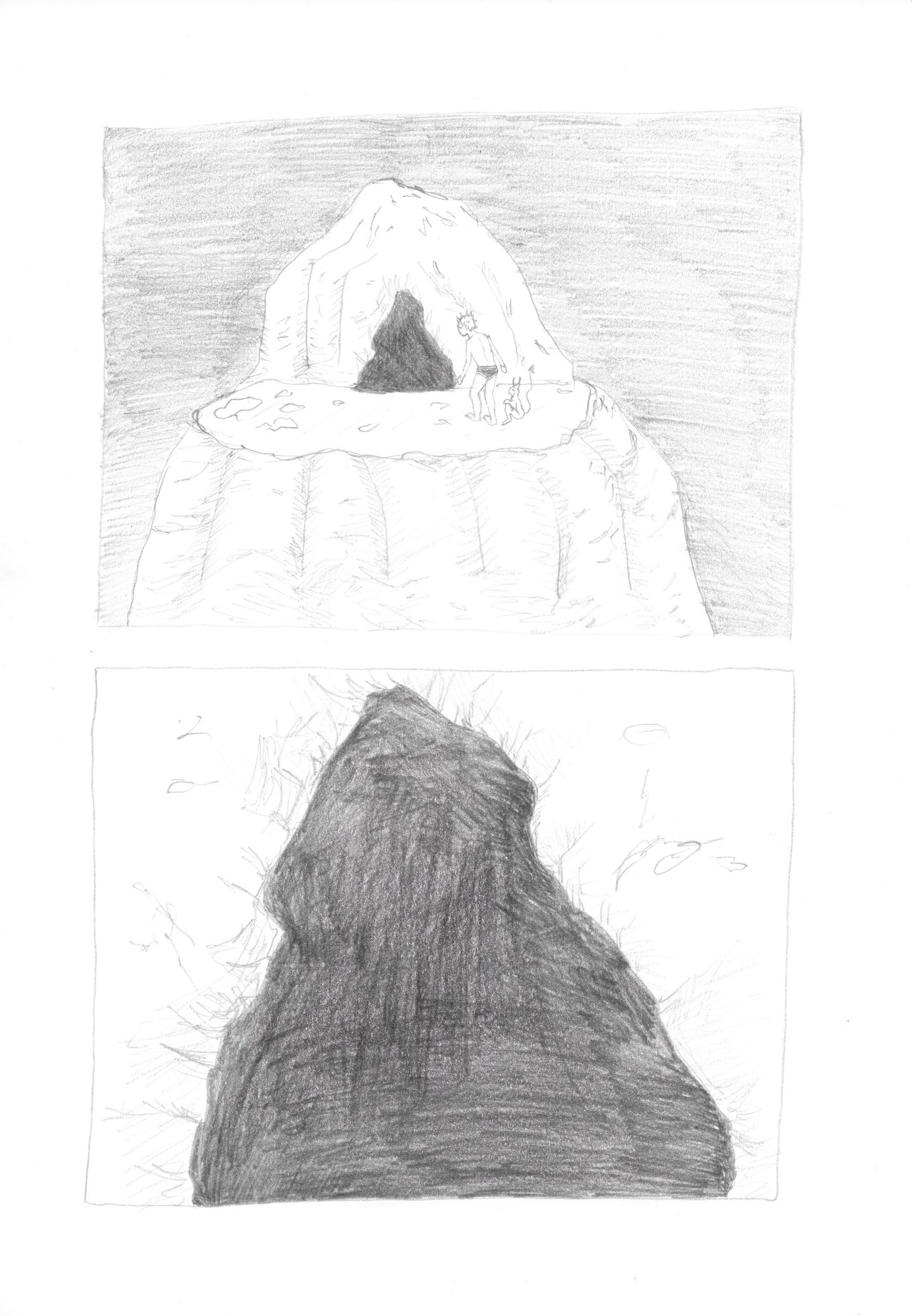 With Deevle waiting outside, Lile approaches the mouth of the cave. The next panel is of the darkness beyond the opening in the rockface, shown in a closeup.