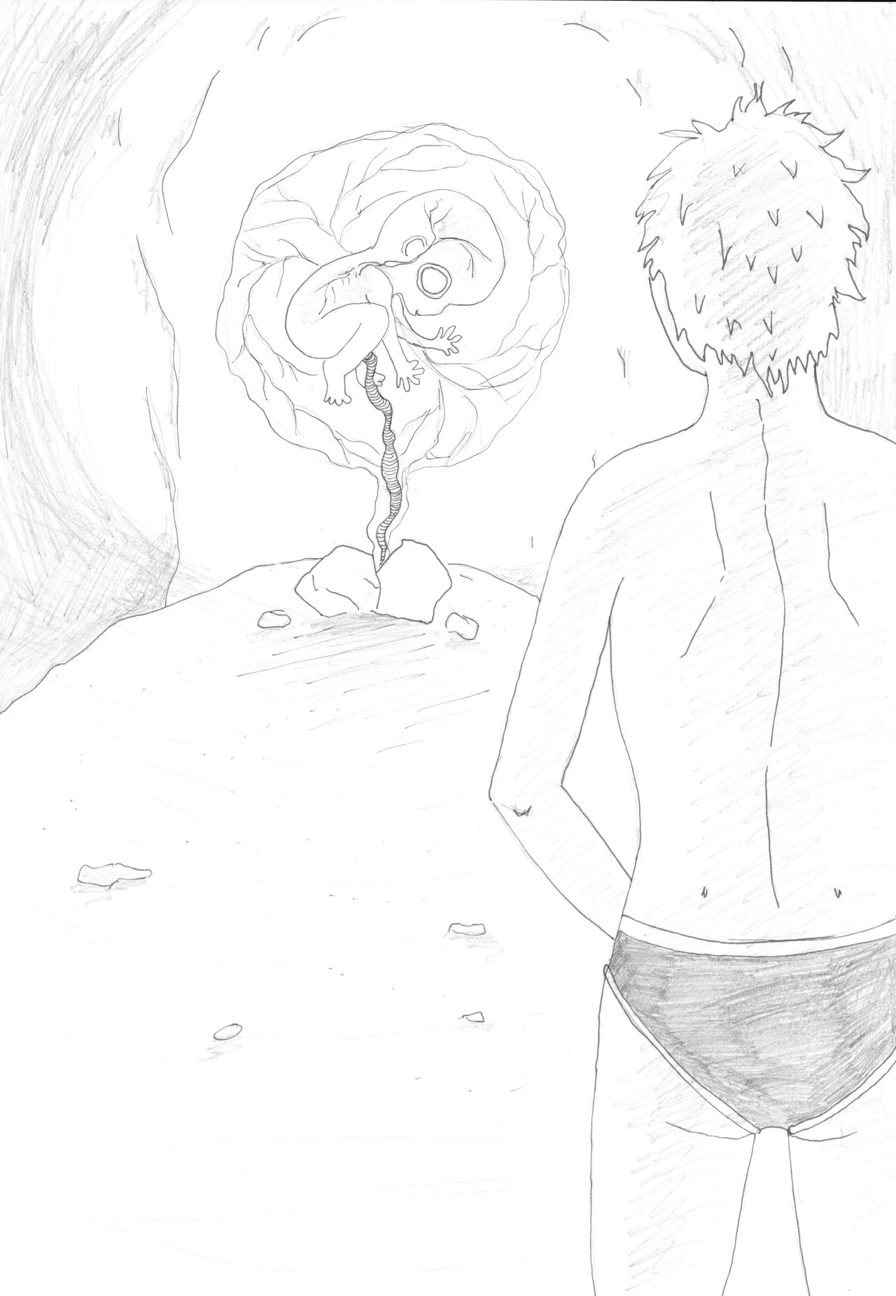 From behind Lile we can see the source of the light was a glowing sphere containing veins and an oversized foetus emerging like a cloud from between a split rock.