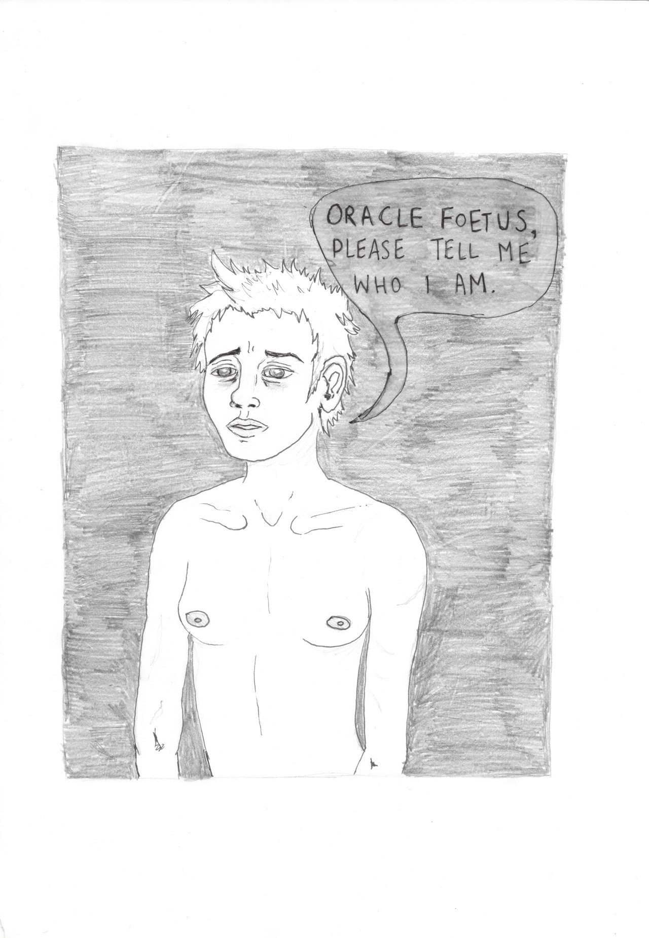 With the darkness behind her, an unsure-looking Lile asks the oracle foetus, "Oracle Foetus, please tell me who I am."