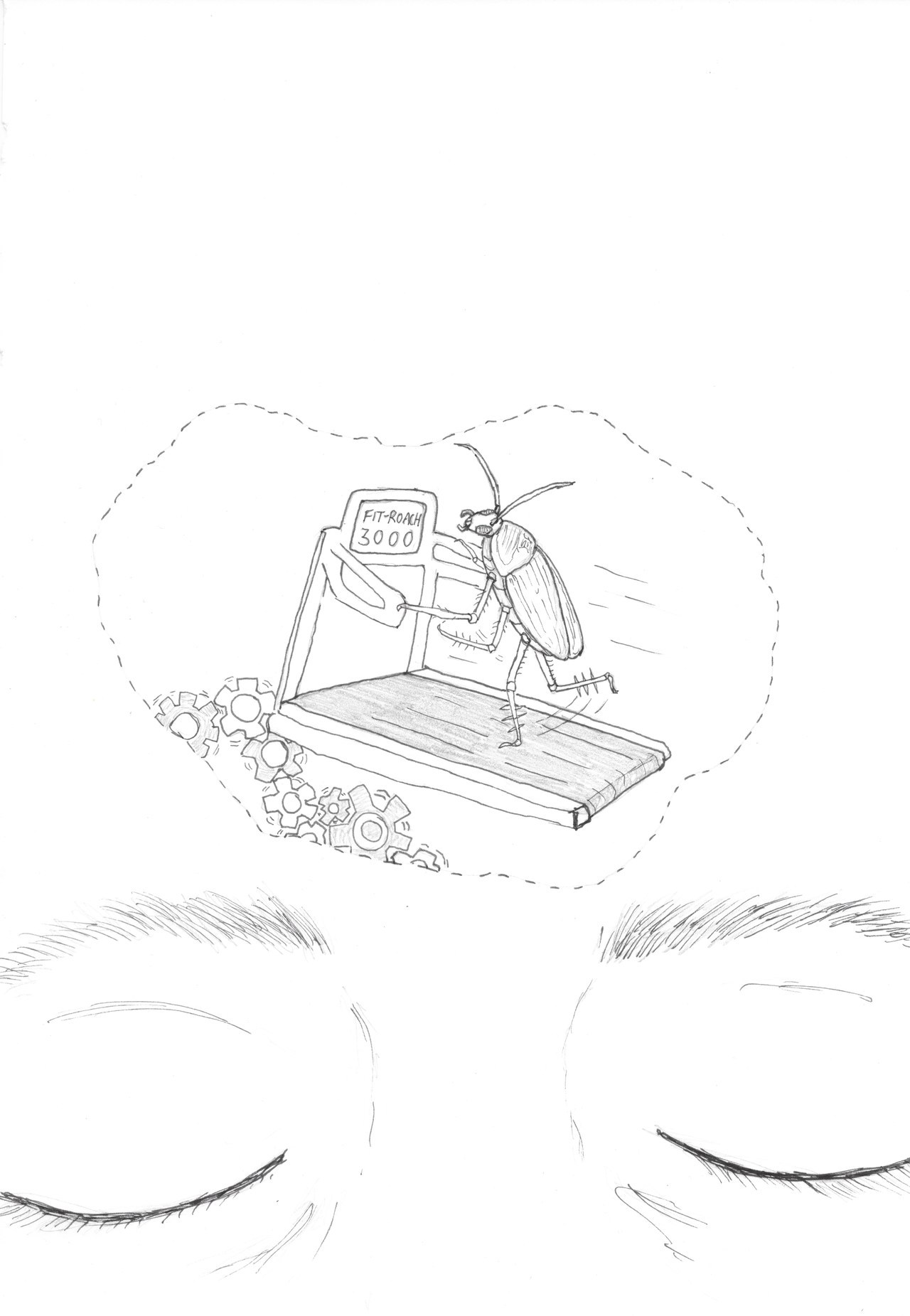 Lile's forehead with a transparent window appering in the centre, showing a view inside her brain to where a cockroach is running on a treadmill to turn the cogs of her mind.