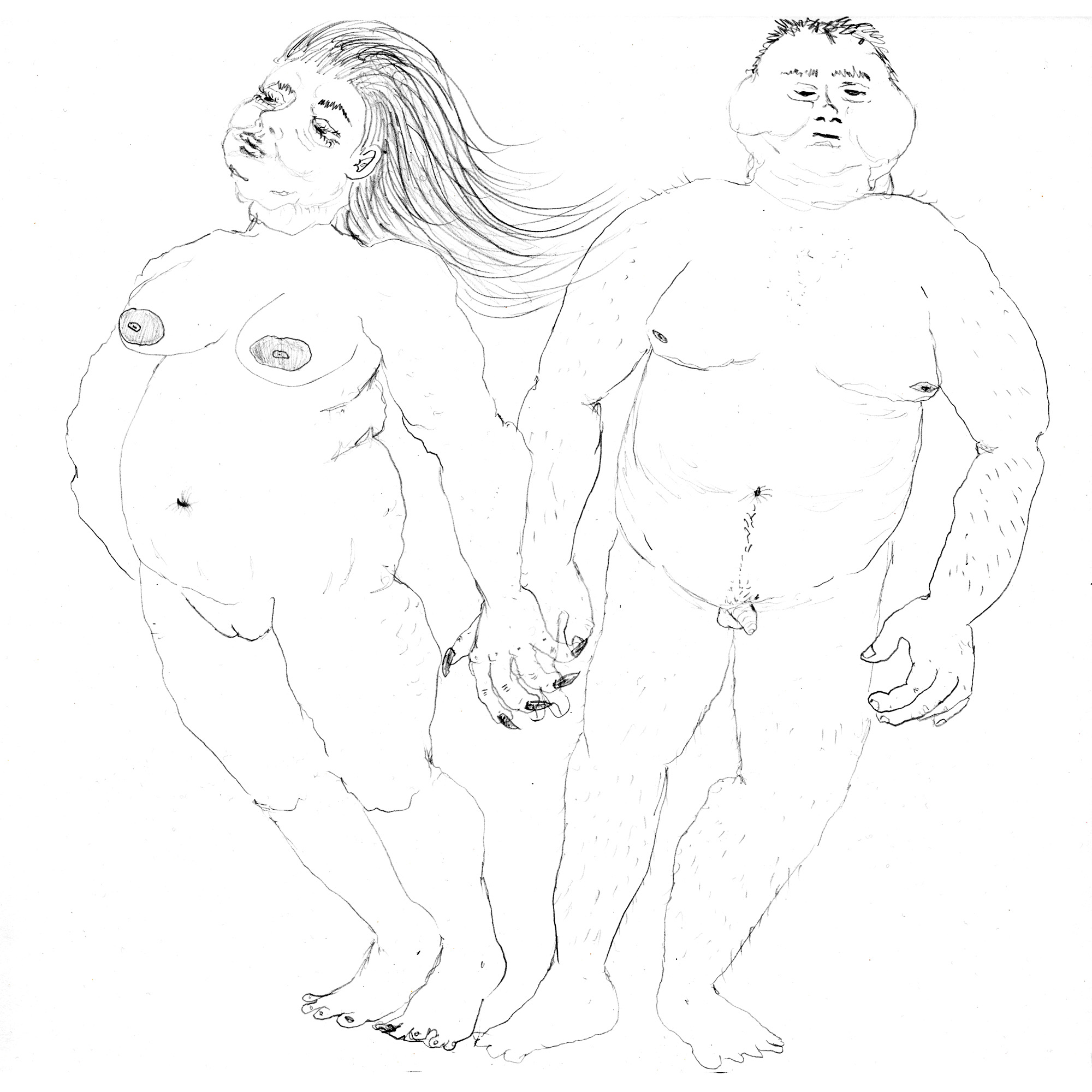 Two morbidly obese and quite trollish-looking people stand holding hands together, both extremely nude. The man's ample gut hangs so much over his penis it appears to be crushing it, while the same is occurring to the woman's poor, bloated vulva. Strangely, they look almost exactly like my ex-boyfriend and ex-best friend who decided to rut with each other behind my back, how intriguing.