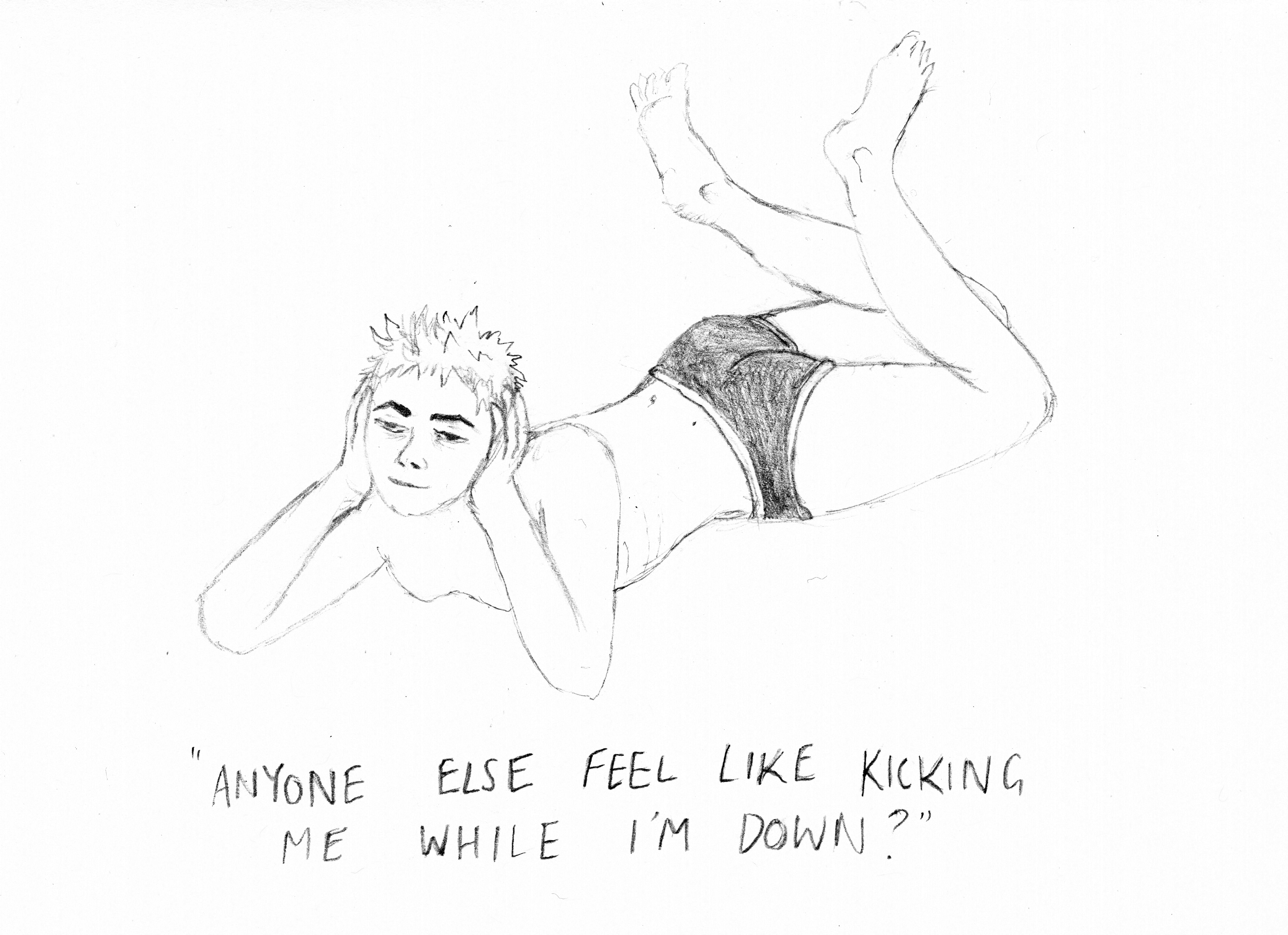 Lile lies on her stomach with her feet in the air and her hands cupping either side of her jaw, looking bored. Text beneath reads, "Anyone else feel like kicking me while I'm down?"