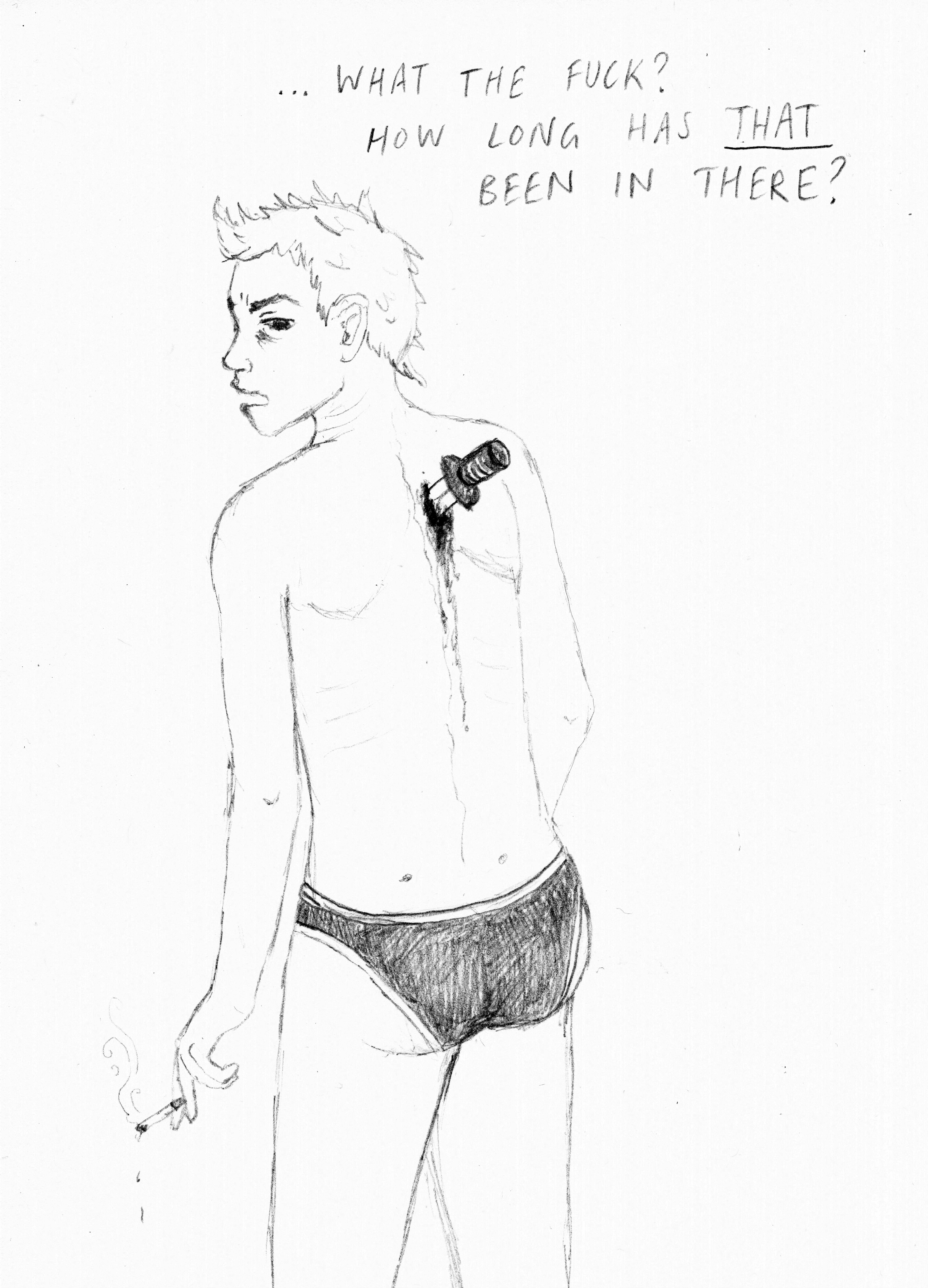 Lile with her back to us turns to look over her shoulder in concern as she sees a knife buried deep in between her shoulder blades. Blood oozes from the wound. "... What the fuck? How long has that been there?" she asks.