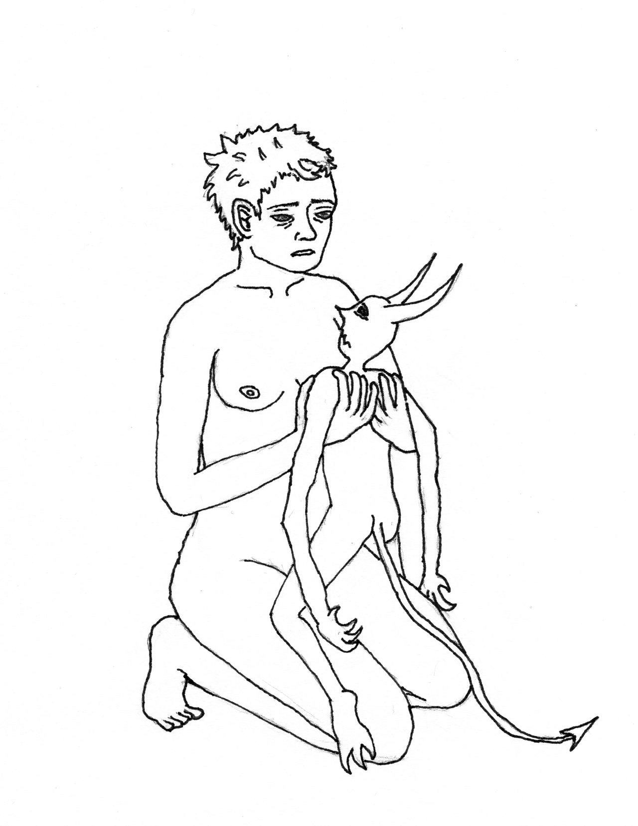 Lile is knelt on the ground, entirely naked and holding up in front of her Deevle from under his armpits. Her face is somber, as is Deevle's.