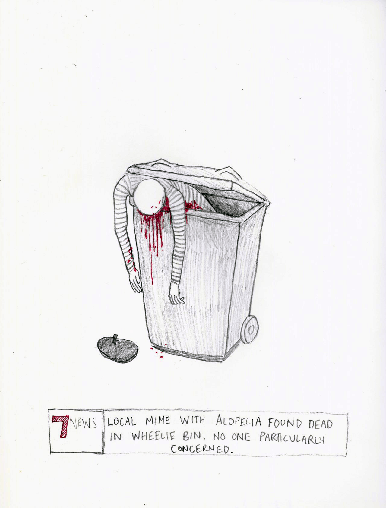 Mime hanging dead out of a wheelie bin, with a news headline along the bottom reading "7 News: local mime with alopecia found dead in wheelie bin. No one particularly concerned."