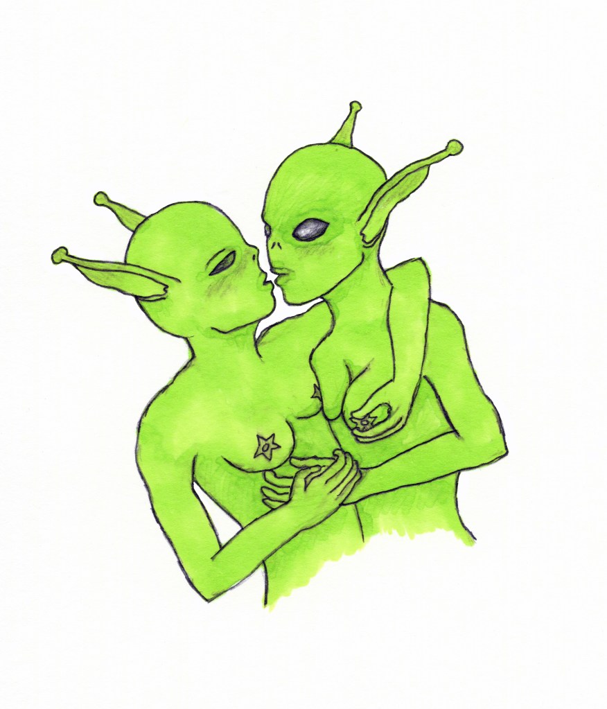 Two breasted green aliens hold each other in loving embrace, with one alien squeezing the other's nipple. Their mouths are close together, almost kissing.
