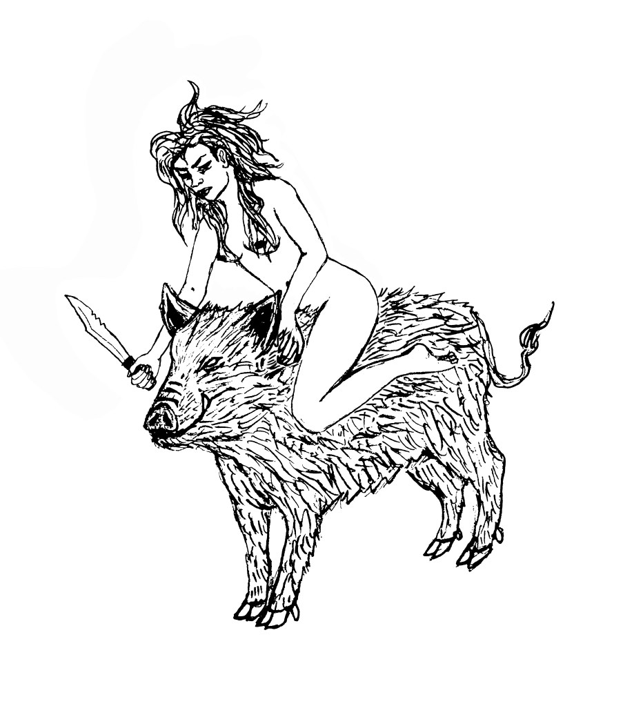 A nude girl with wild hair and a bowie knife sits astride a large hairy boar. She stares menacingly at you.