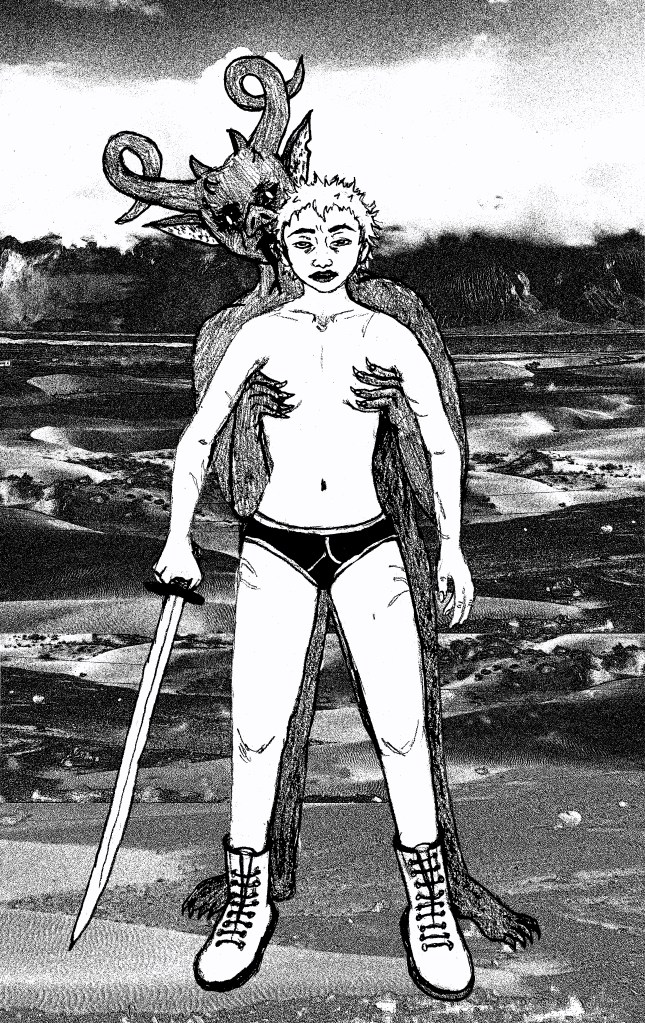 Lile, our unlikely nude protagonist stands with a sword in hand and only a pair of white doc martens and ratty Y-front briefs to armour her. Behind her a large horned demon skulks, his clawed hands covering her breasts in a sleazy caress she looks unimpressed with.