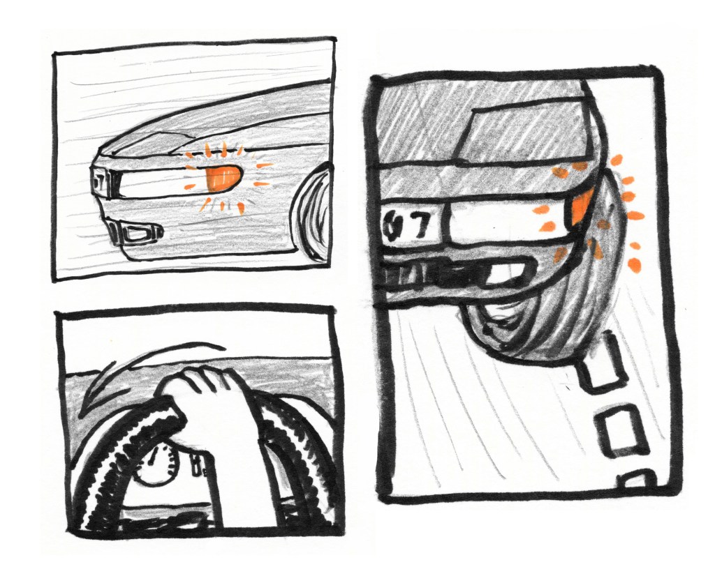 Top left image: The front of the car in profile, the blinker turning on.
Next panel: the driver's hand on the wheel, turning it to merge into the lane.
Right panel: the wheel of the car beginning to cross the broken line into the next lane.