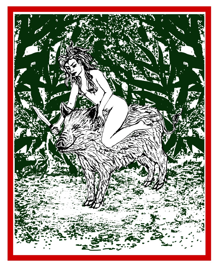 A woman with wild hair and a bowie knife sits astride a hairy boar in the midst of a dark dark forest.
