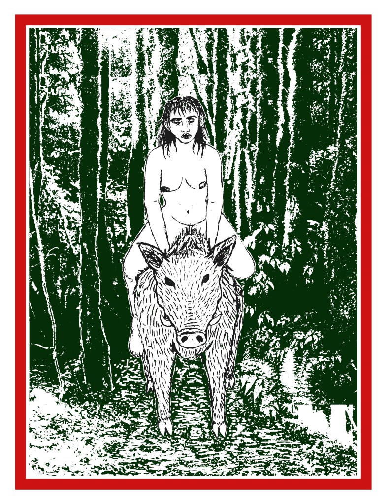 A girl with long bedraggled hair sides astride a large boar, the two of them looking straight towards you. They block the way forward in the dark woods beyond them.
