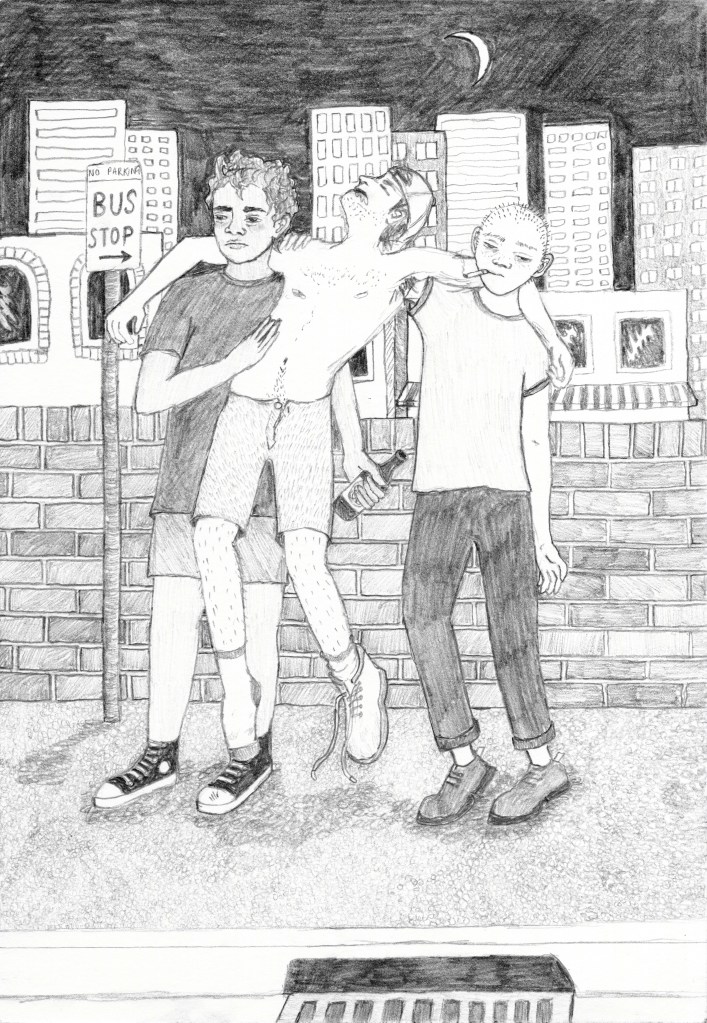 Standing at a city bus stop, two young men in their early 20s, Mitch and Chuck Beans, each support an arm of their drunkenly unconscious friend Davo, who is missing one shoe.