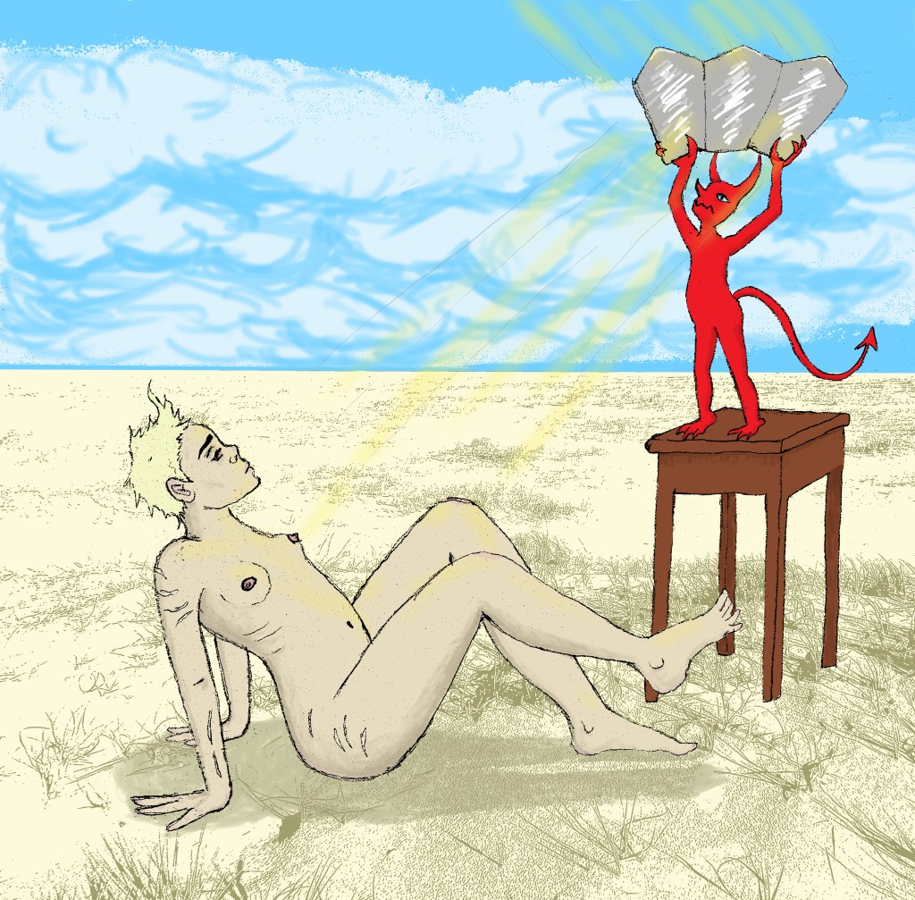 A colourised version of GROWING PAINS, #26. Lile relaxes in a reclining position on the pale sand of a beach, a cloudy but beautifully blue sky above her. Her skin is dull like that of a lifeless corpse. On a stool positioned by her feet, Deevle the demon angles a vintage suntanning mirror so that the sun's golden rays are hitting her naked body. She is peaceful but her face still holds a slight frown; she knows bad things are just around the corner.