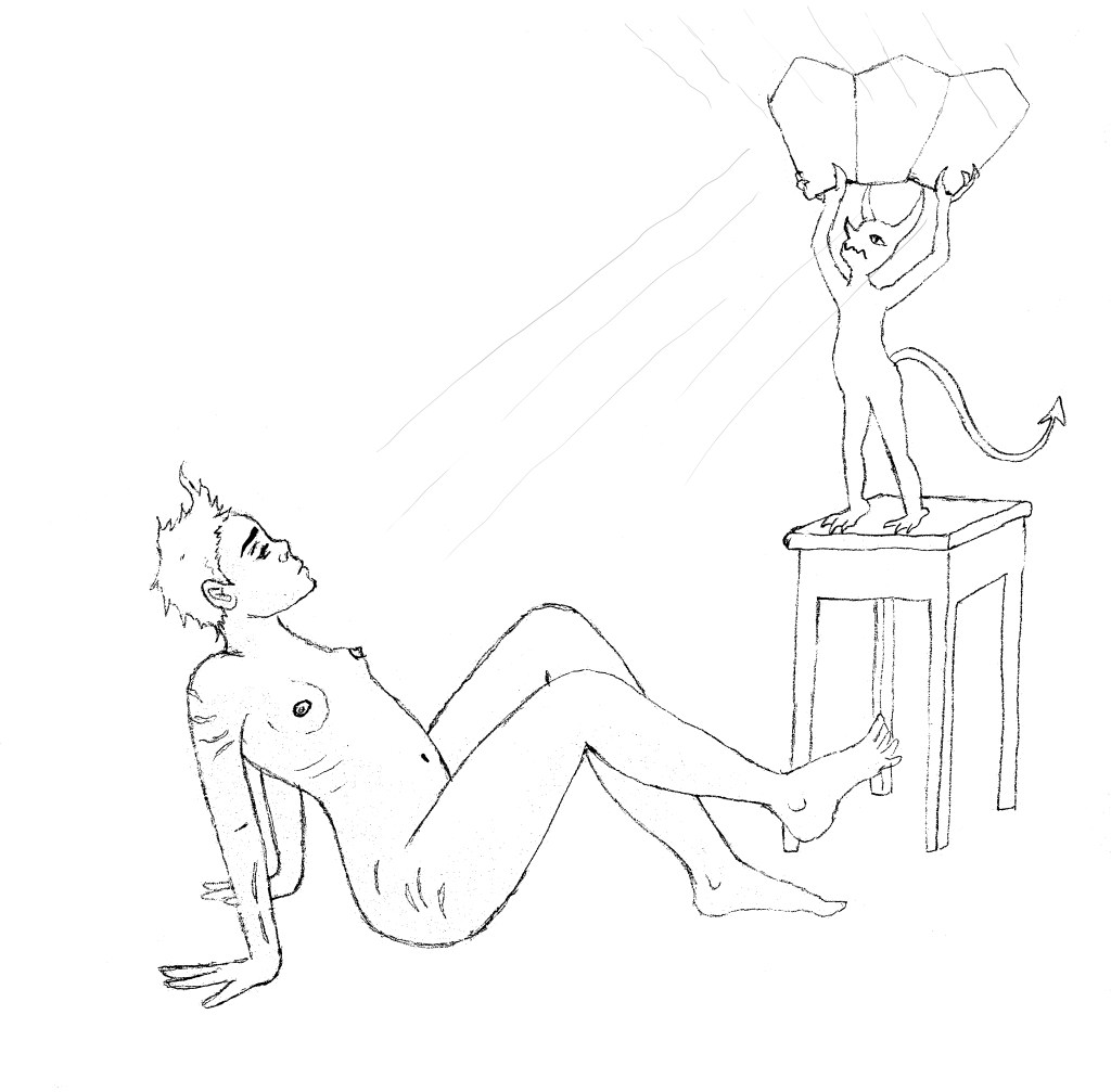 Lile, entirely nude, reclines on the ground in profile to us, while above her on a stool her small demon, Deevle, uses a vintage tanning mirror to redirect the sunlight onto her.