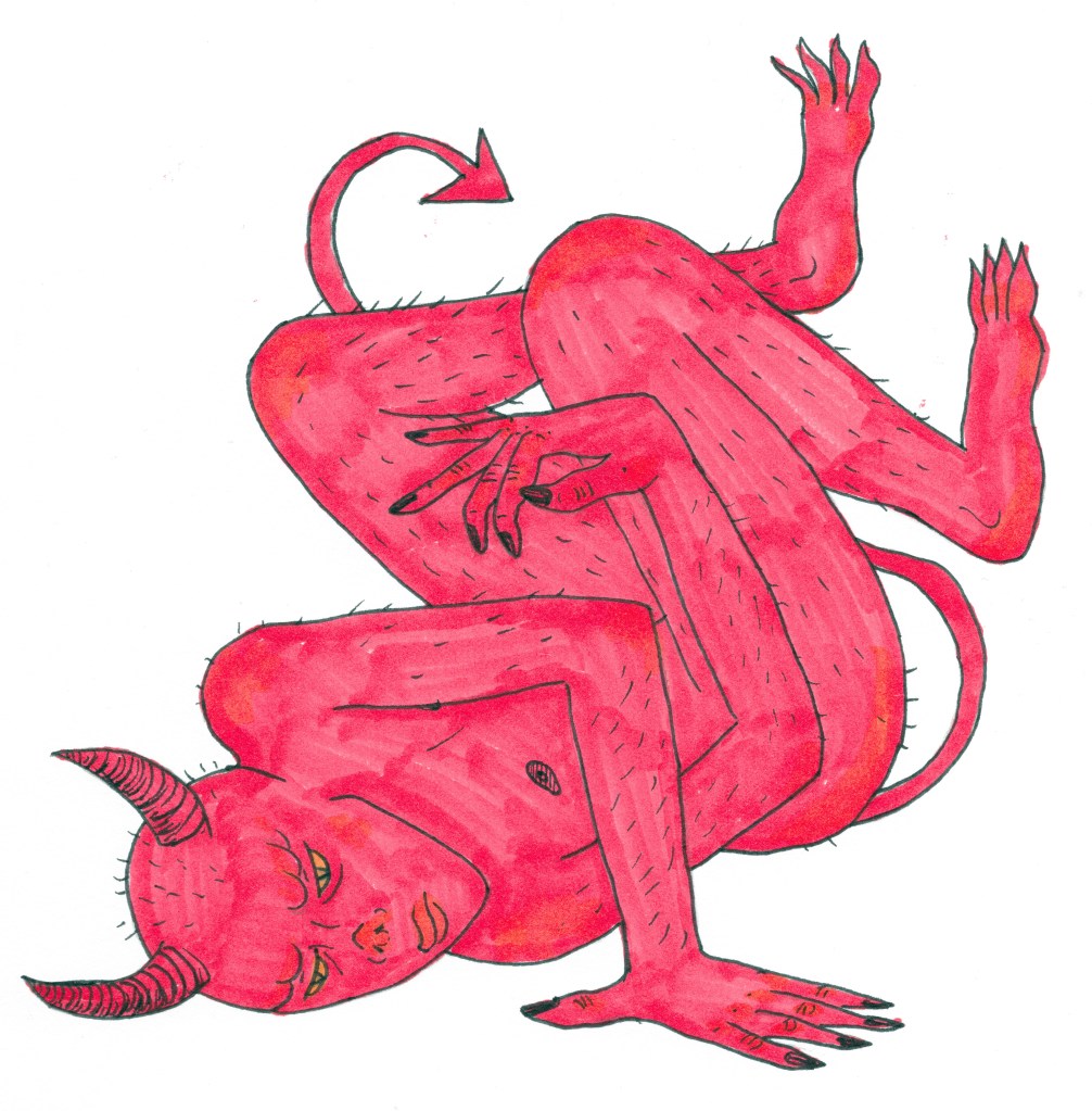 A cool-red coloured demon lying twisted on the ground, it's legs up in the air and braced against the edge of the image. It has puffy orange lips and nose, as well as short horns and sparse short hair on its head. One arm is wrapped around itself and braced on the ground, whilst the over is contorted in the air. One of its dark nipples are visible.