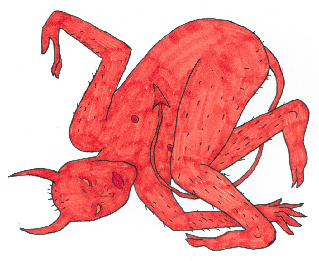 A warm-red demon with bright red lips and orange eyes, looking directly at the viewer. It is contorted as if playing twister, one foot on the ground and one on the wall, one hand on the ground and one on the opposite wall to the foot. It is hairy on its legs and arms and has red nipples. It's tail loops between its legs and points skyward.