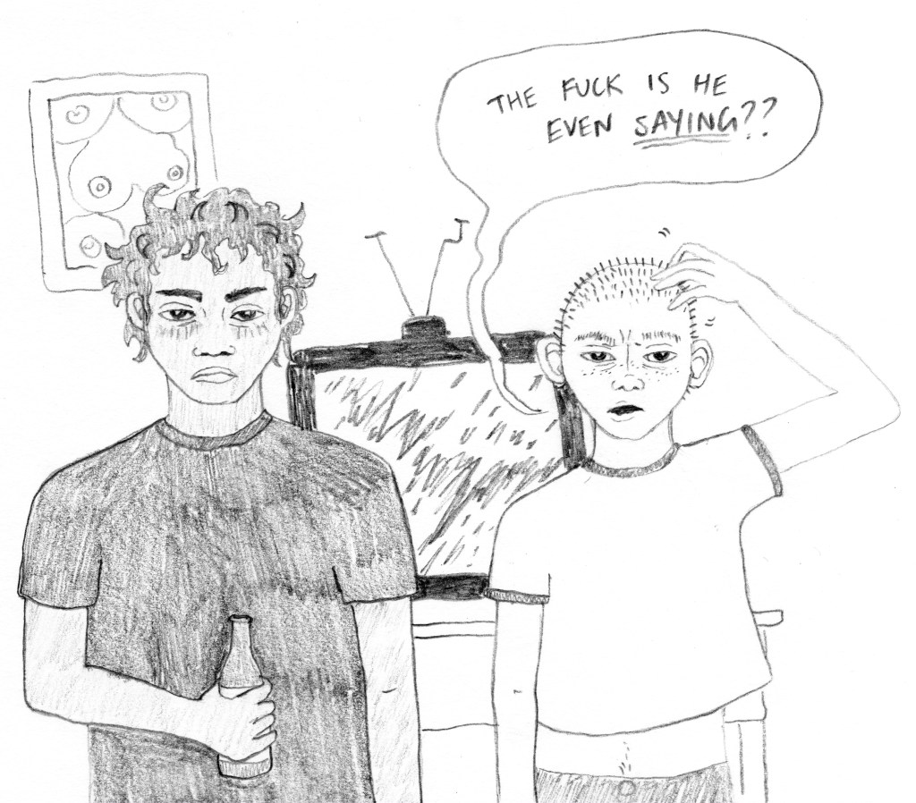 The viewer has been turned around 180 degrees to see that Mitch and Chuck Beans are watching him, Mitch bored and Chuck perplexed. Chuck is scratching his head as he asks, "The fuck is he even saying?". A TV is showing only static on the table behind them, and an artwork of multiple breasts adorns the wall behind Mitch's head.