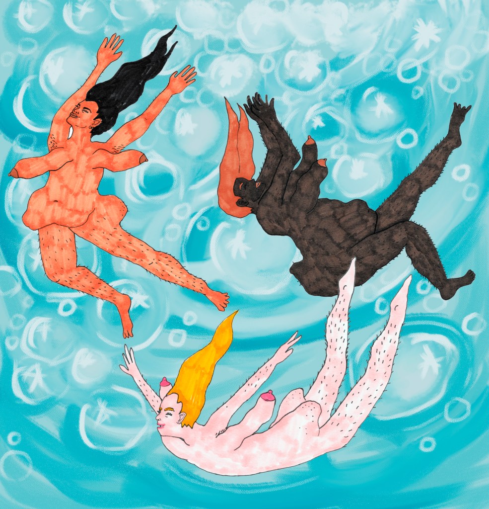 Three nude women float / fall in a dreamy aqua blue watery space, laughing and smiling as they lift their arms up like they're flying. Their boobs, body fat and buttocks are warping and wiggling in the anti-gravity, and no one cares how it looks because they're having too much fun to take notice of what you, the viewer, thinks.