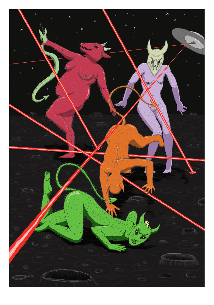 Five very attractive demons are tumbling and dodging to escape the fire of red laser beams from a round silver UFO that is flying in the background starry sky. The ground beneath them is a crater-covered terrain that is deep grey.
