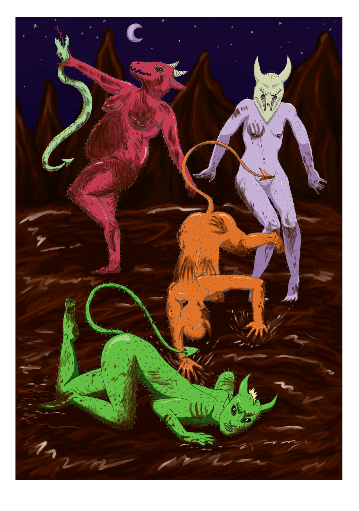 Four demons wrestling in the mud. In the foreground a lime-green horned devil with black cat's eyes and a blonde mohawk has been thrown to the ground on her stomach, and glares at the audience as she pushes herself back up. Behind her a lilac demon with a bone mask covering its face has just pushed over a filthy orange devil demon, who is colliding with the muddy terrain. The lilac demon has a smeary hand-mark on her breast. In the background a rotund red goat devil demon is strangling a green snake, balancing on one leg as she holds the serpent up with a killing squeeze of her hand. Behind them mountains of dirt form an alien landscape, lit by a crescent moon and stars.