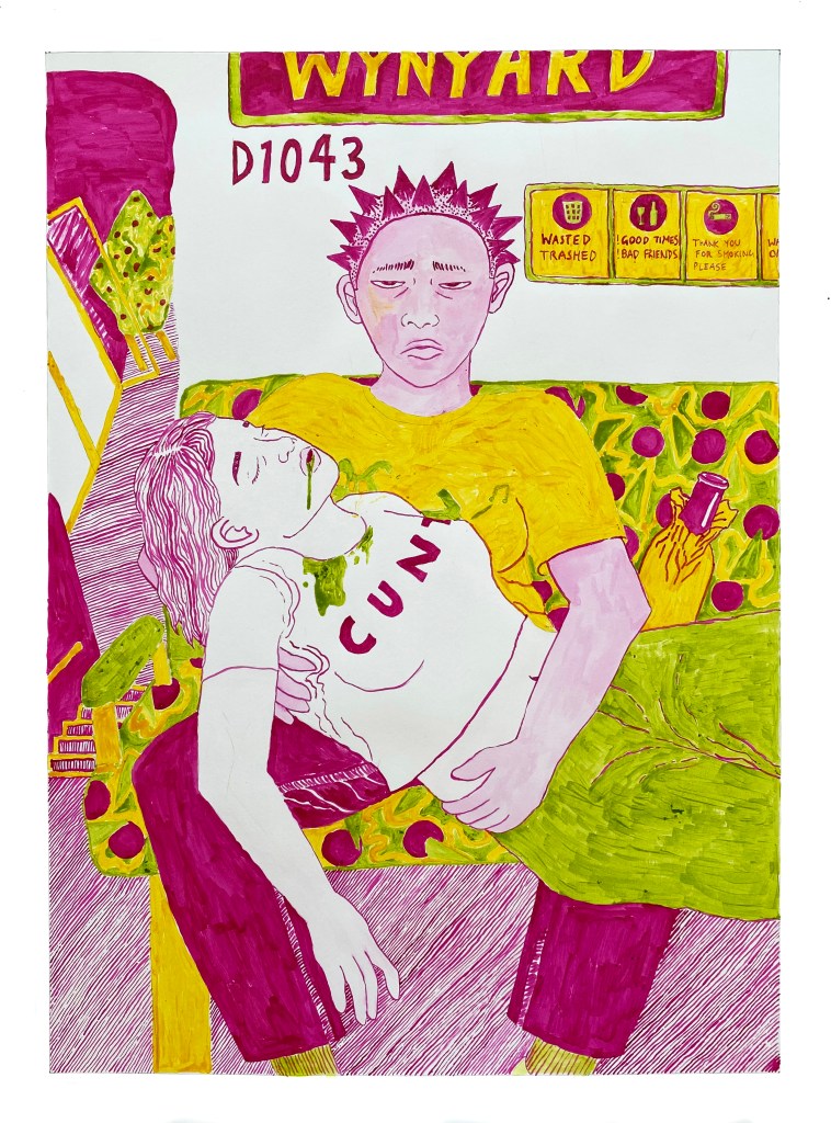 A Thai punk girl (Anong) sits on a brightly patterned Sydney train seat holding her drunken and passed out friend (Babe) on her lap. They are in the positions of The Pieta, and Babe has vomited down her own shirt.