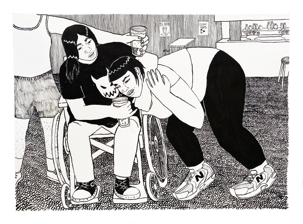 A black and white ink drawing of three girls affectionately greeting each other in a pub. Priya, who is sitting in a wheelchair, has her friend Louise in a friendly headlock, and is saying something to her. Louise is laughing, bent over double to be in Priya's arms, and has her hand resting against Priya's forearm. Ash, whose head is cropped out of the image due to her height, has her hand holding a schooner of beer resting on Priya's bicep.