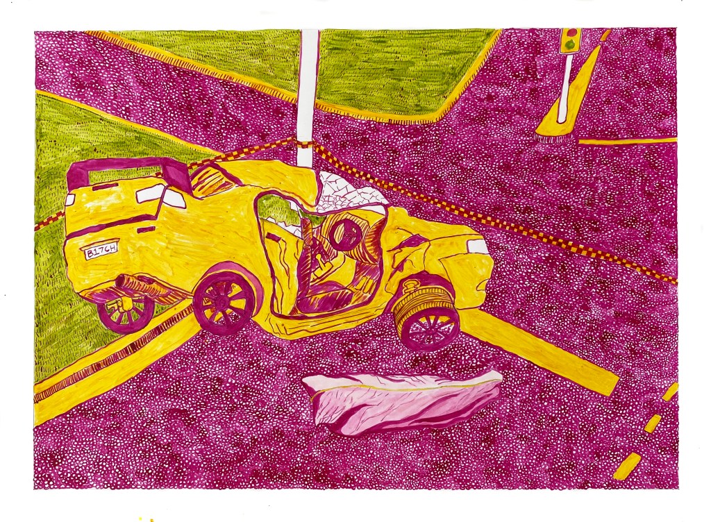 A magenta, yellow, and chartreuse coloured ink drawing of the scene of a car crash, a car with the number plate "B17CH" in a crumpled heap by the side of the road at an intersection. Police tape cordons off the area, and a body bag lies on the asphalt beside the car.