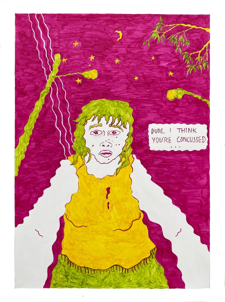 A coloured ink drawn image from the point of view of one of the girls who has fallen down, with Siobhan leaning down over them with an expression of worry as she says, "Dude, I think you're concussed." Street lamps, the southern cross, and the branch of a gum tree are seen in the sky behind her, and all the lines in the drawing are wobbly as if through unsteady vision. The image is drawn in magenta, yellow, and chartreuse inks.