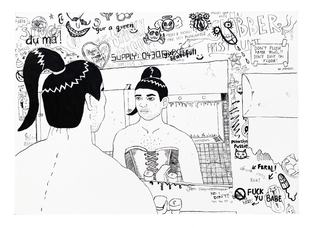 A black and white ink drawing of a woman, Ella, with very sleek black hair in a high ponytail looking at herself in the mirror of the pub bathrooms. She has stubble and chest hairs that peek out the top of her corset, and she wears an expression of confidence. All around the mirror is graffiti referencing defecation, STDs, love, heartbreak, and drawings of genitals.