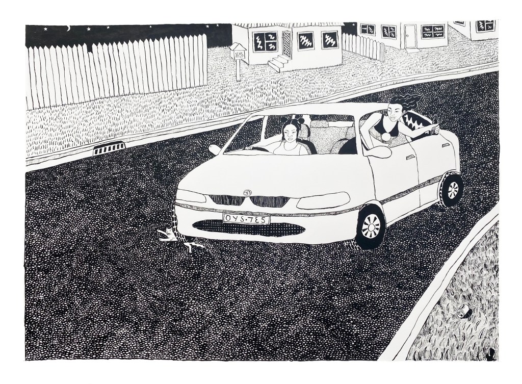A black and white ink drawing of Ash and Nora hooning through the streets of suburbia at night in a Holden Commodore. Nora is leaning out the window with the wind in her hair and a bottle raised in joyful excitement, while Ash drives. A neighbourhood cat has been caught under their wheel, dying in a spray of gore.