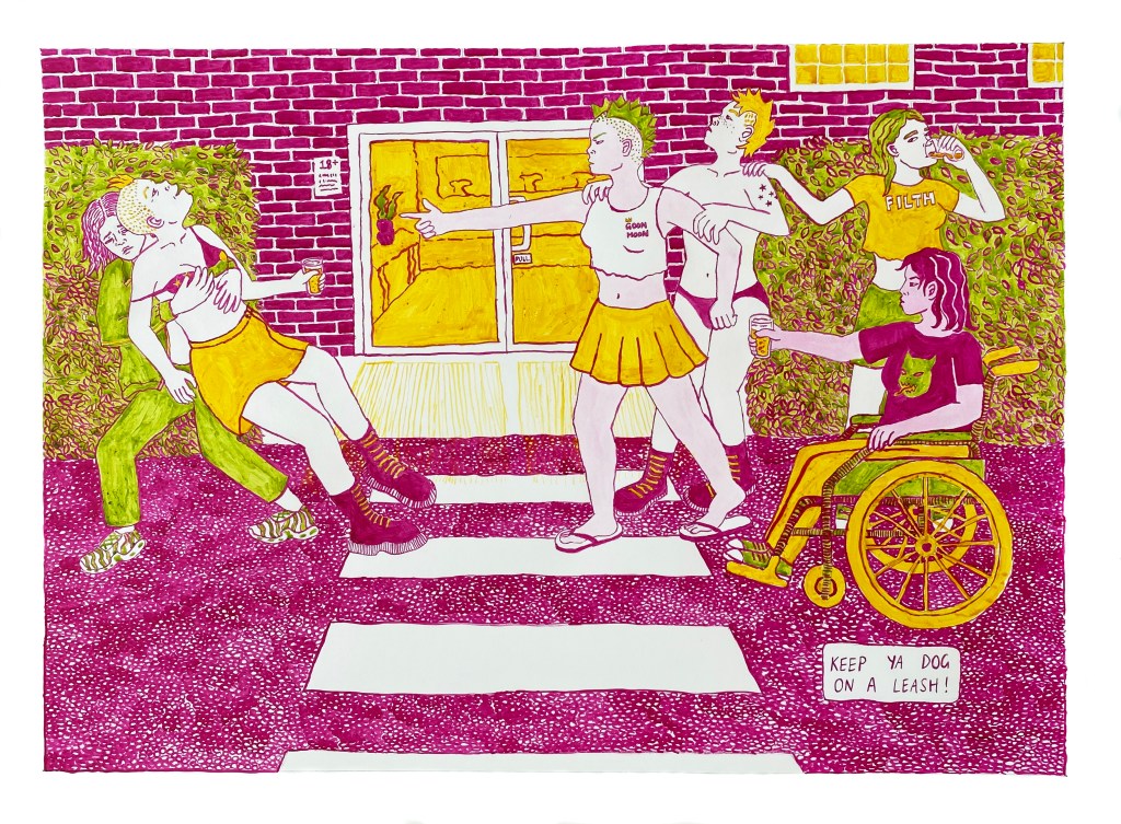 Outside a pub venue by the hedges a group of girls are breaking up a fight. A tall girl with a double mohawk (Yuna) is pointing at the other instigator, Lile, and yelling "Keep ya dog on a leash!" to Babe, who is holding Lile up so she doesn't fall. 