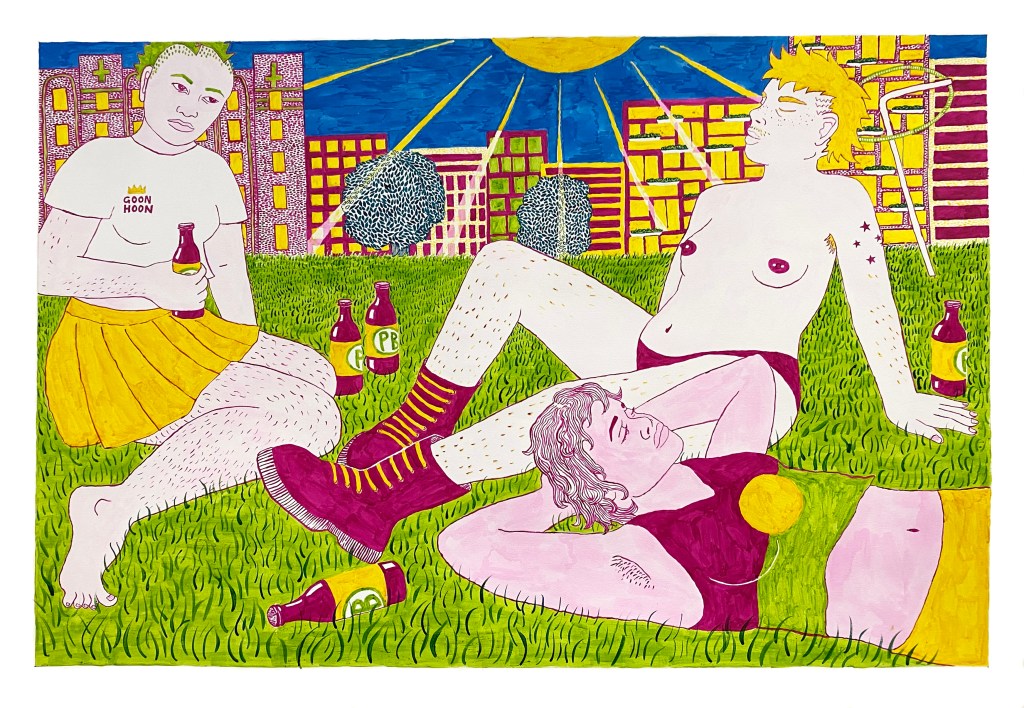 An ink drawing of three girls reclining on the grass in Sydney's central park. They are surrounded by beer bottles. In the background there is a row of buildings and a sunny sky, as well as a public art sculpture that consists of a straw shaped pole and a yellow circle.