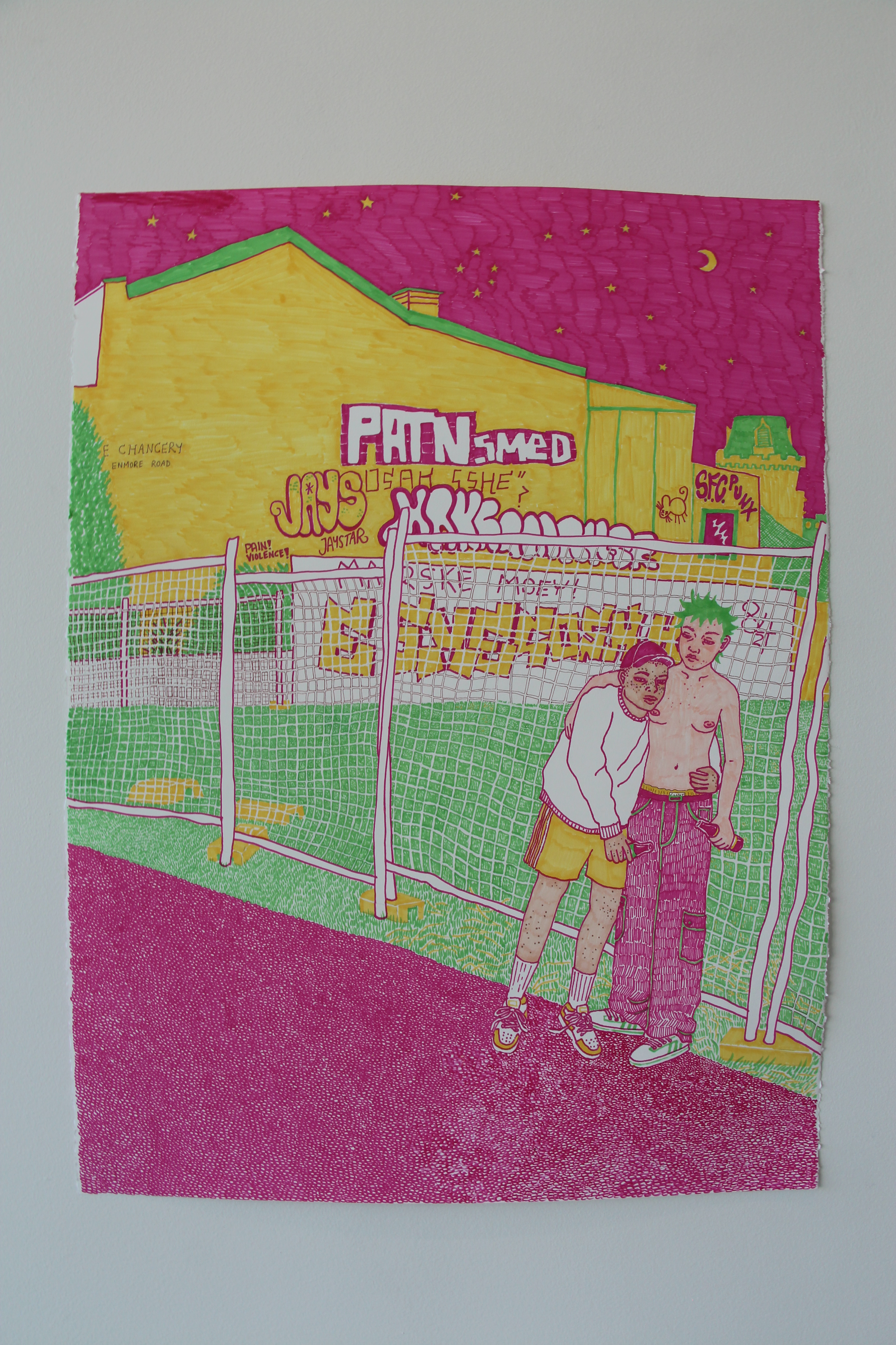 'I miss the old petrol station...', 2023. Texta on paper, 57 x 76 cm